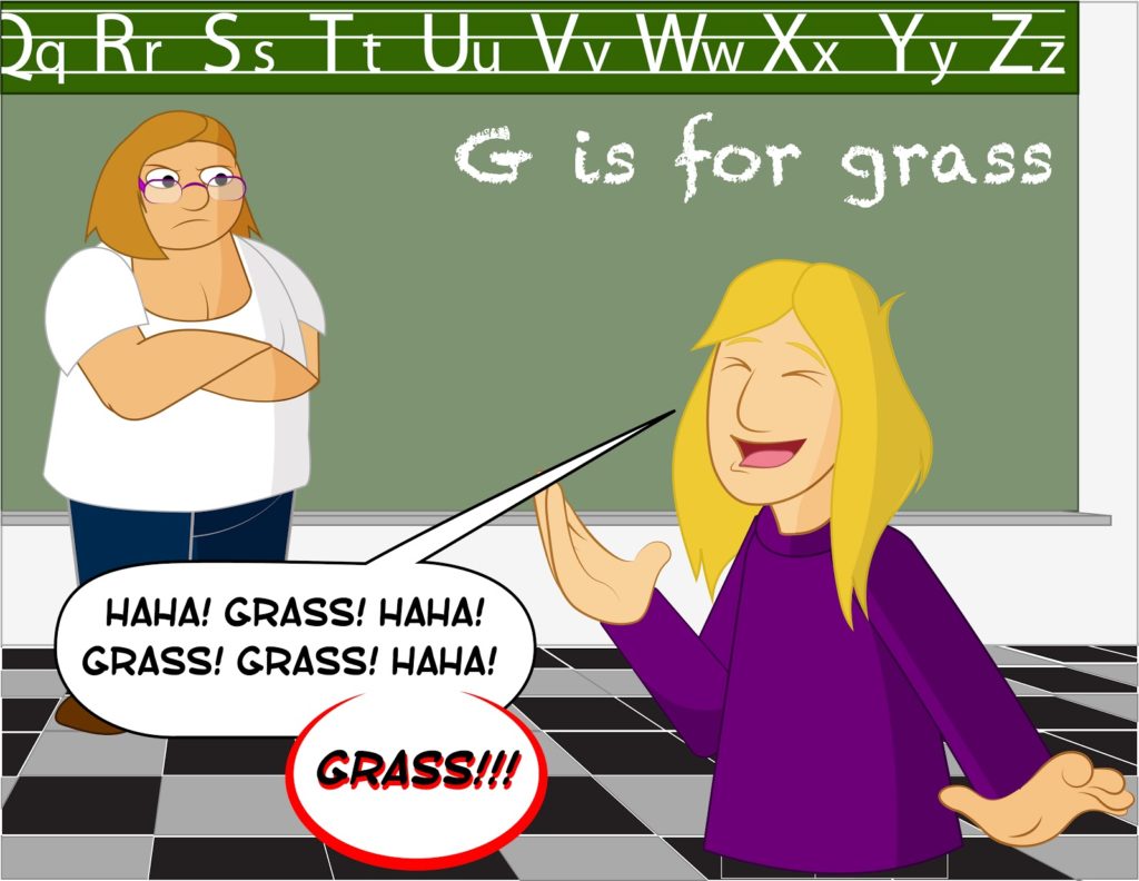 Julie's illustration of a student laughing at the word "grass"